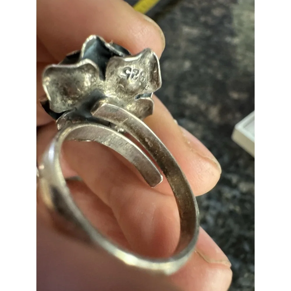 Vintage ROSE 3D Ring Silver Tone Floral‎ Unmarked sz 7.5 Adjustable RARE *